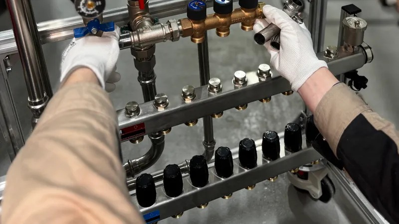 Mains gantées intervenant sur les raccords d’un collecteur de chauffage